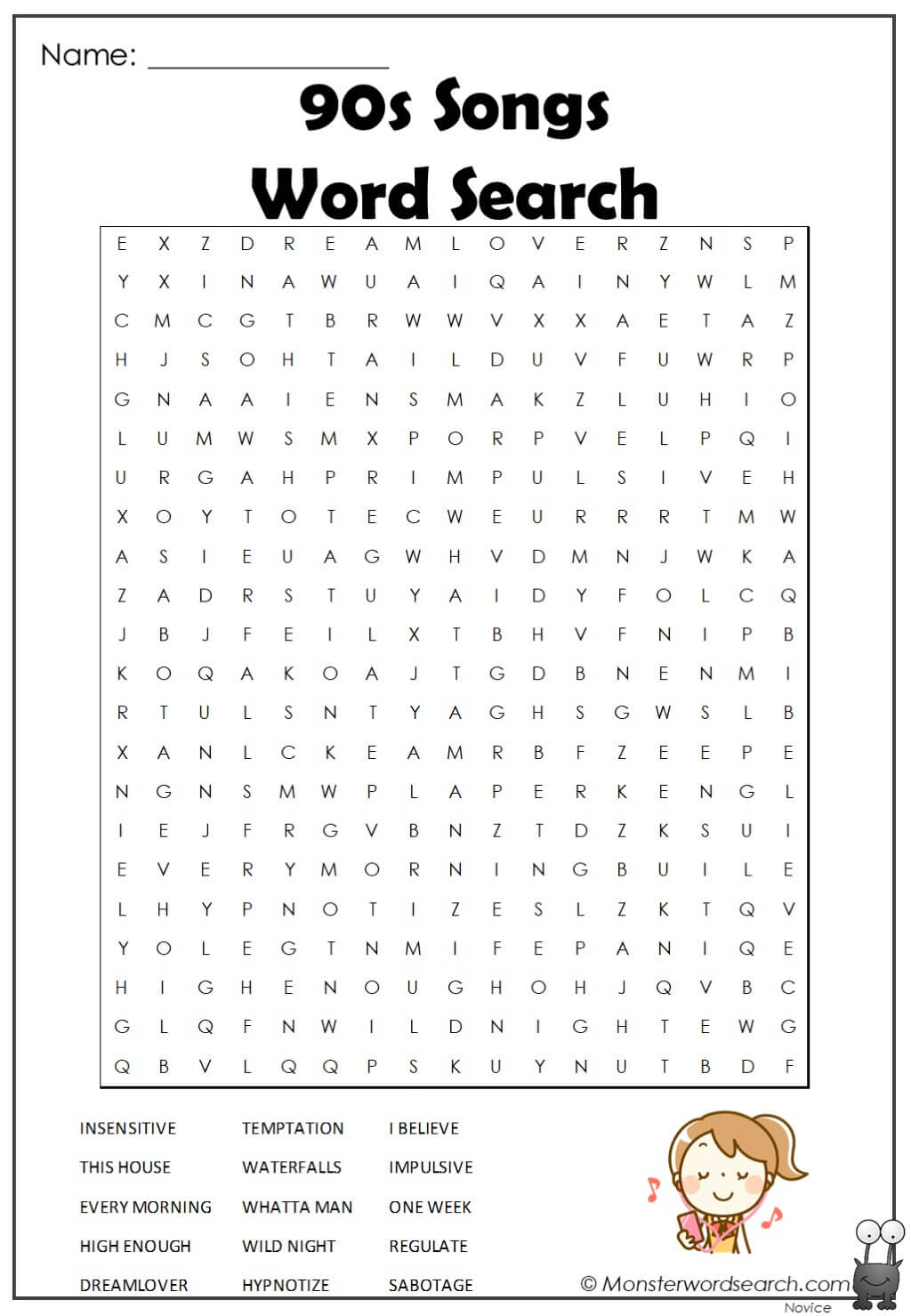 90s Songs Word Search 90s Songs Word Search