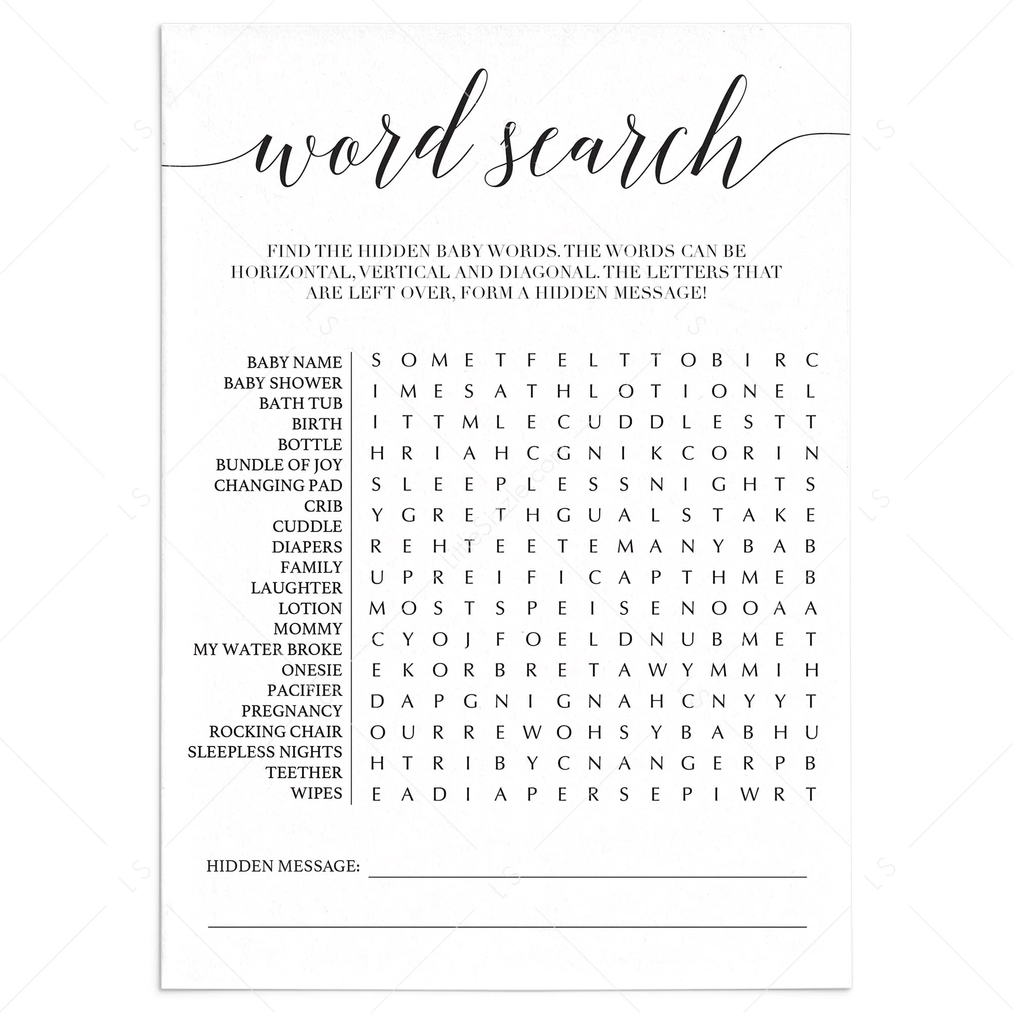 Baby Word Search Game With Hidden Message Printable