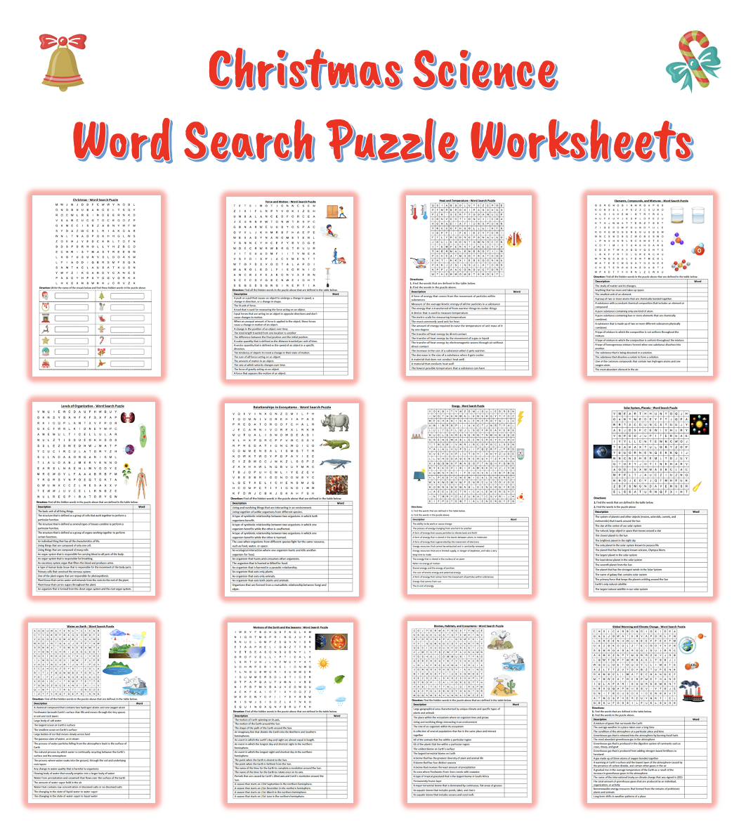 Christmas Holiday Science Word Search Puzzle Worksheets Bundle Printables 12773030
