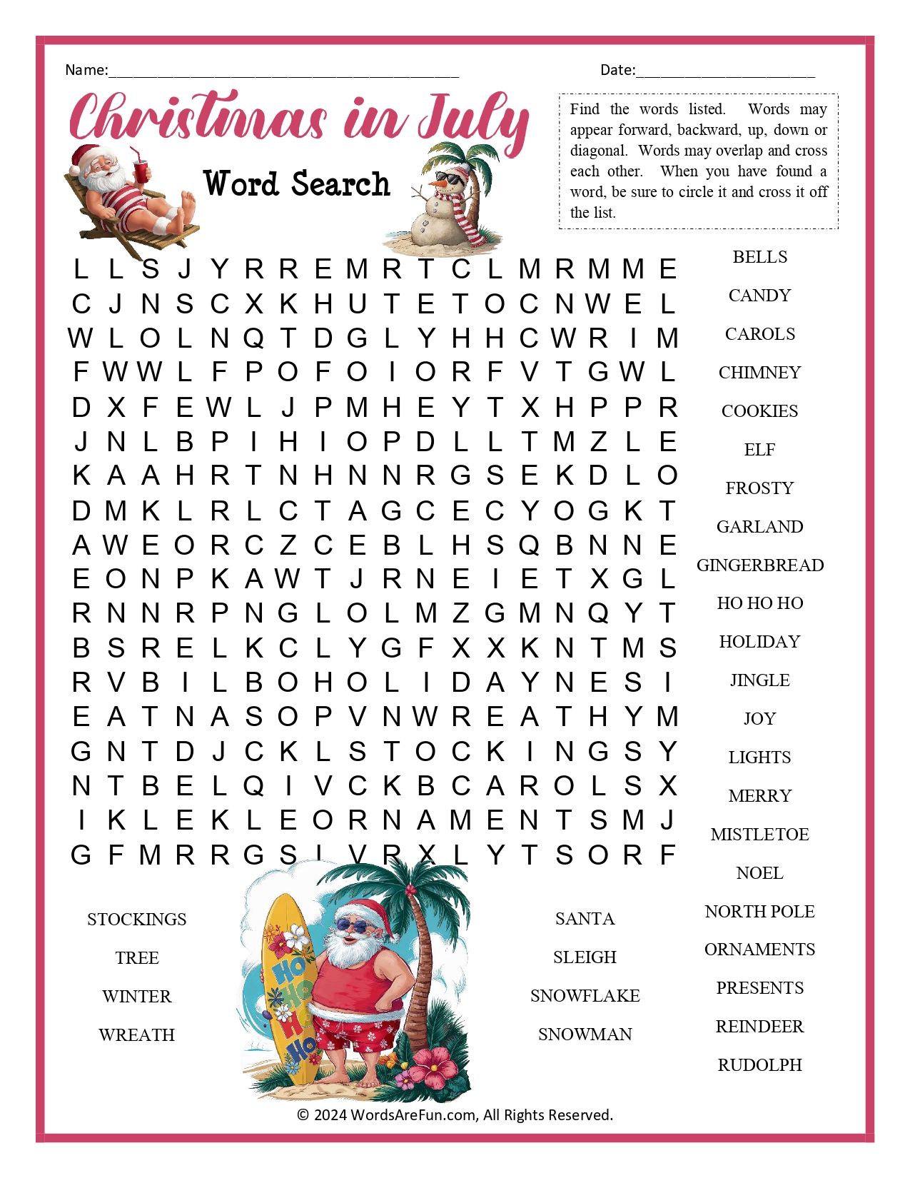 Christmas In July Word Search