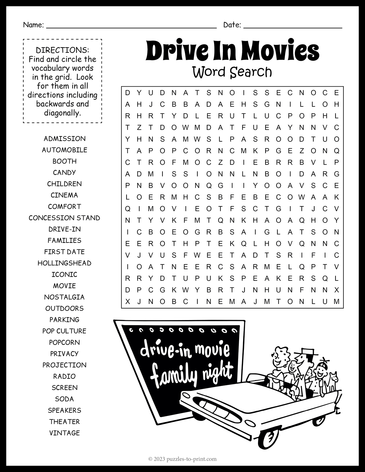 Drive In Movies Word Search shtml