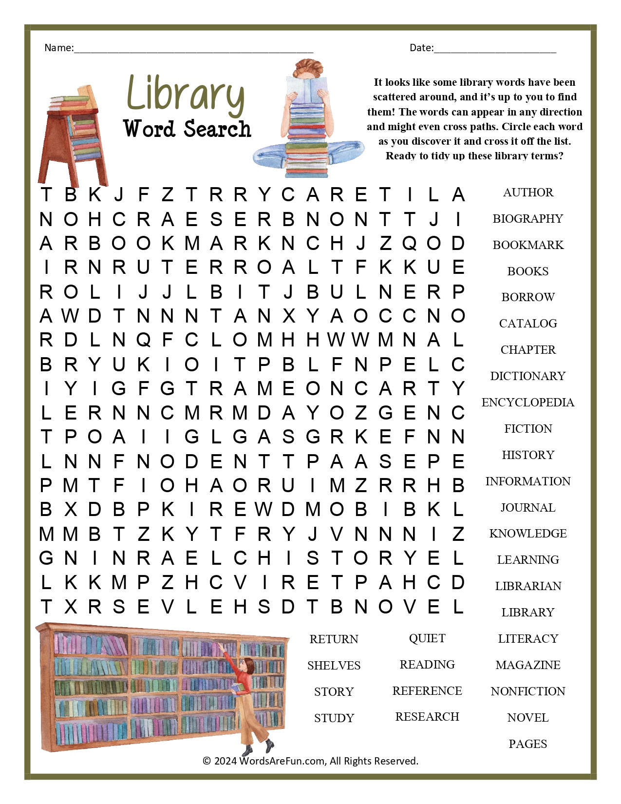Free Printable Library Word Search Free Printable Library Word Search