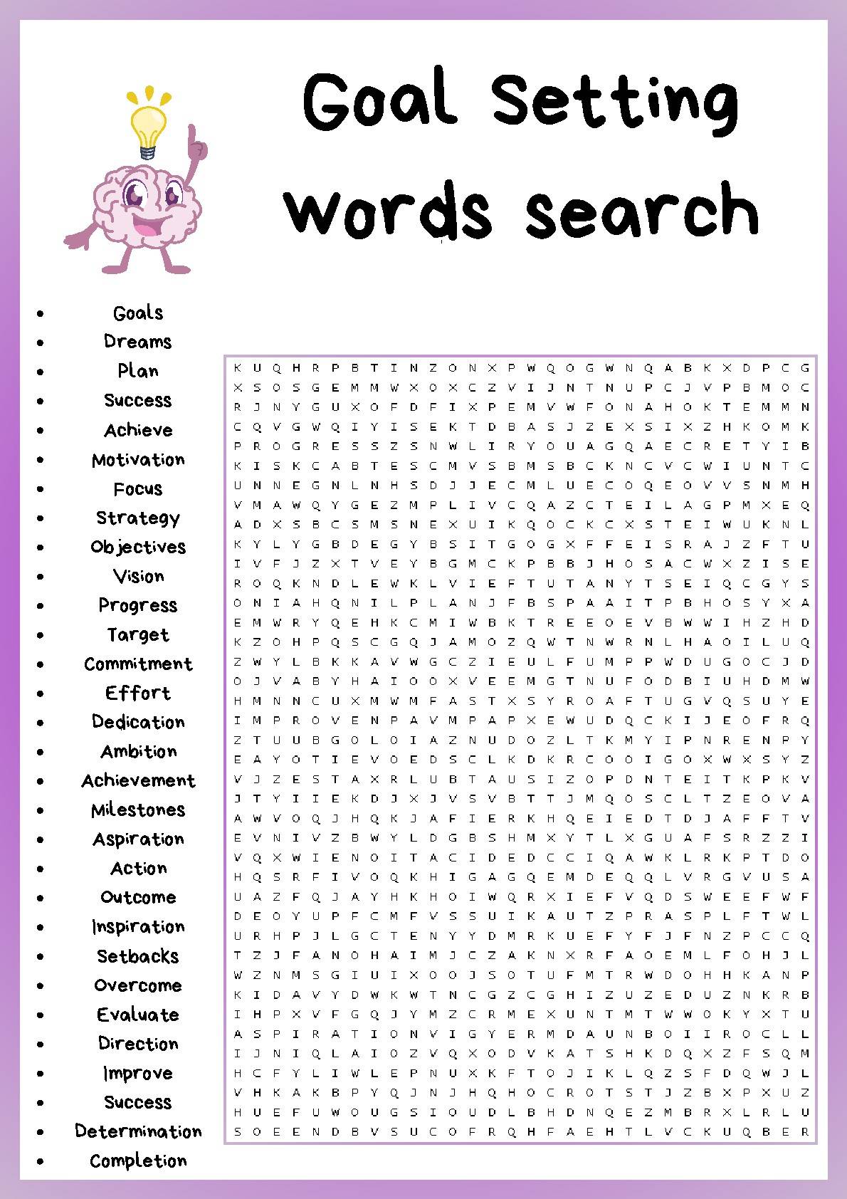 printable word search about goals
