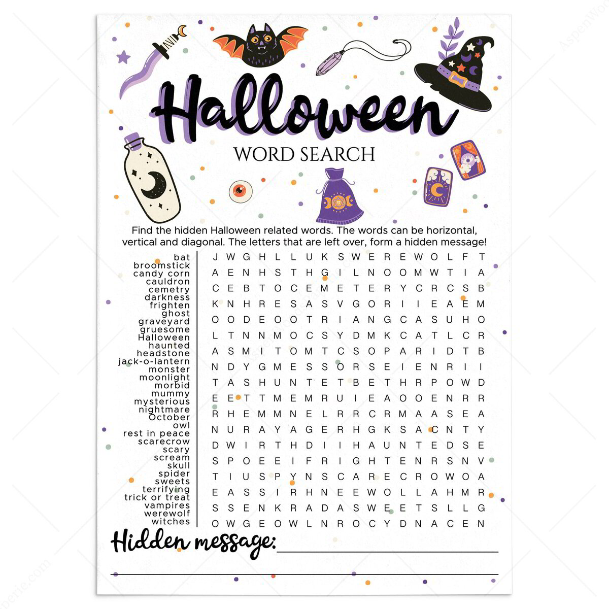 Hard Halloween Word Find Game Printable With Hidden Message