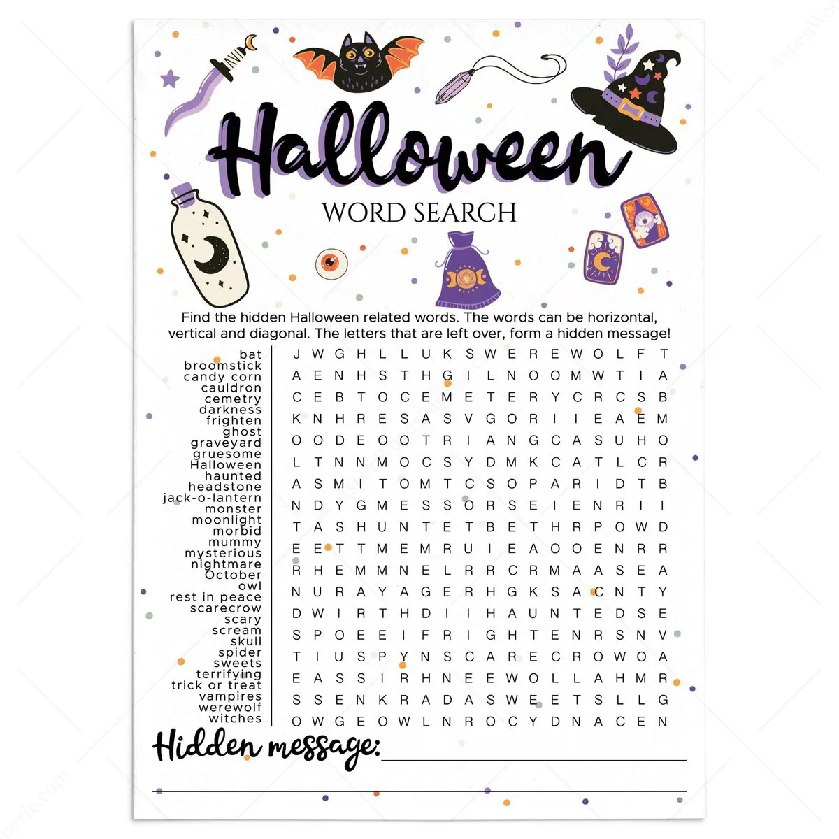 Hard Halloween Word Find Game Printable With Hidden Message Hard Halloween Word Find Game Printable With Hidden Message