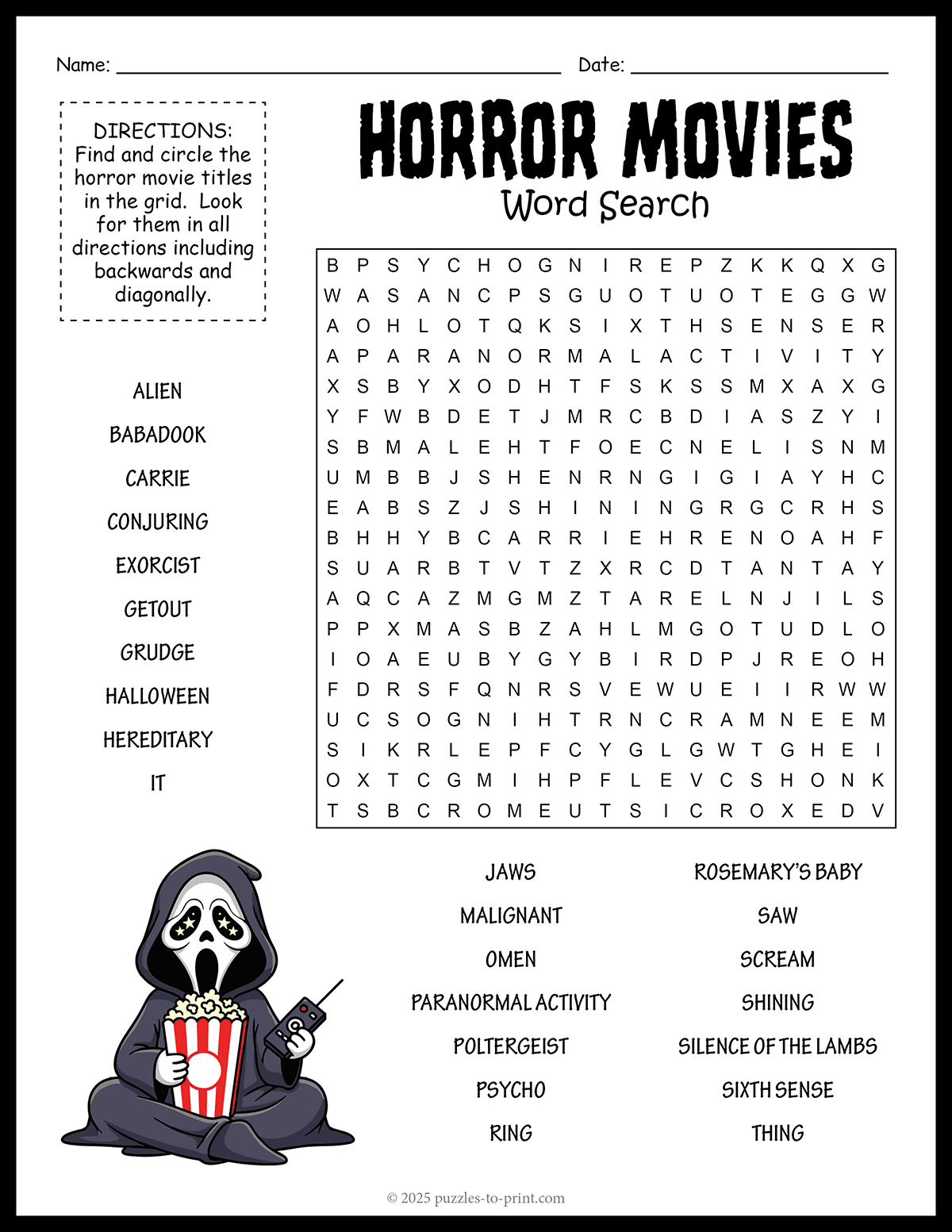 Horror Movies Word Search shtml