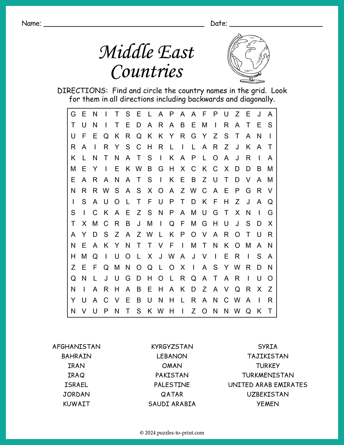 Middle East Countries Word Search shtml Middle East Countries Word Search shtml