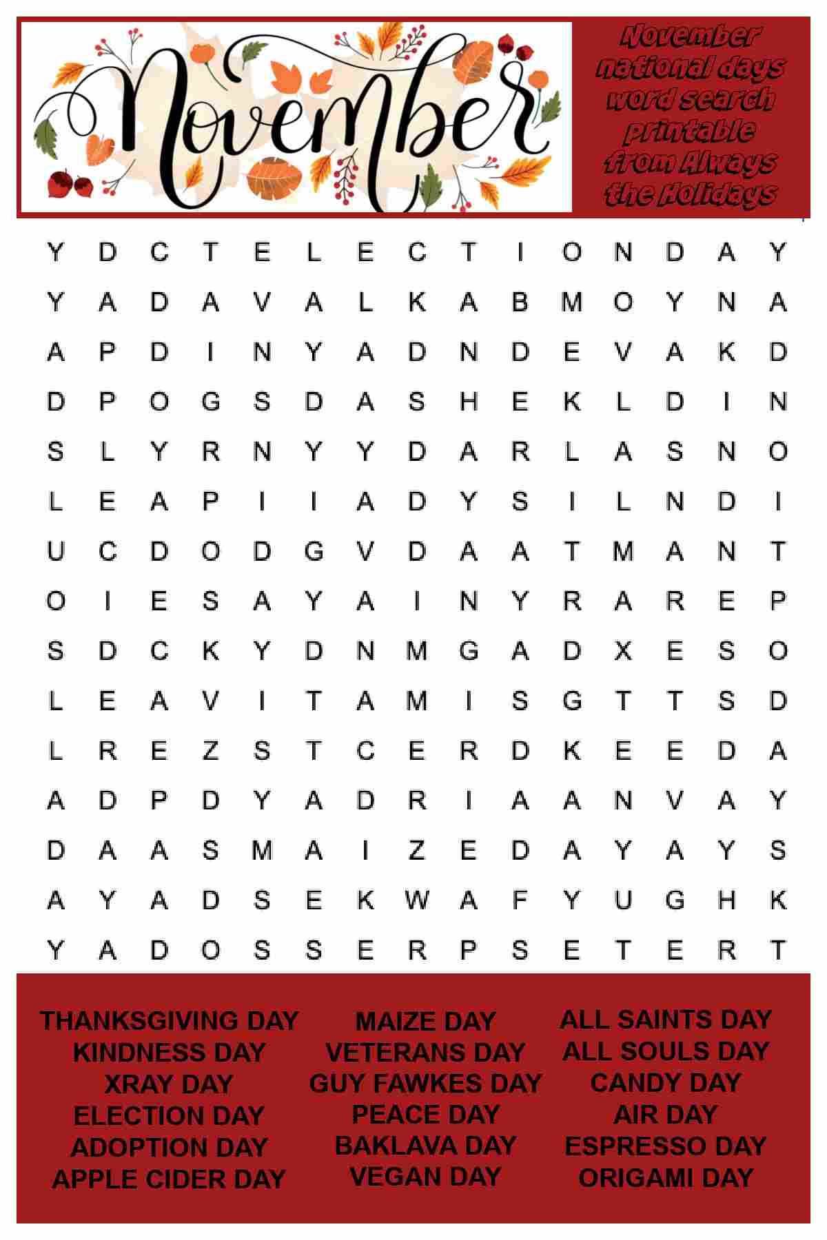 November Word Search Printable November Word Search Printable