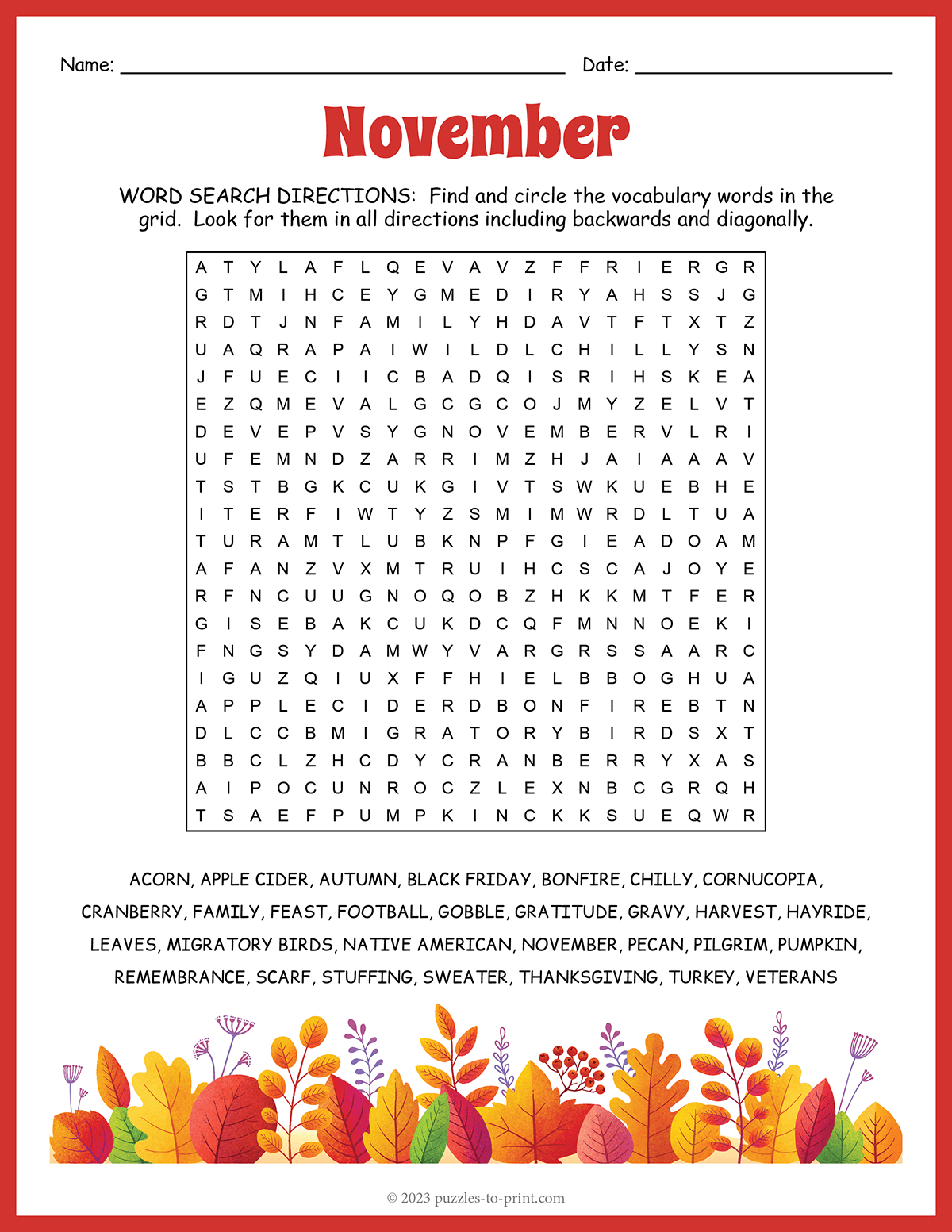 November Word Search shtml