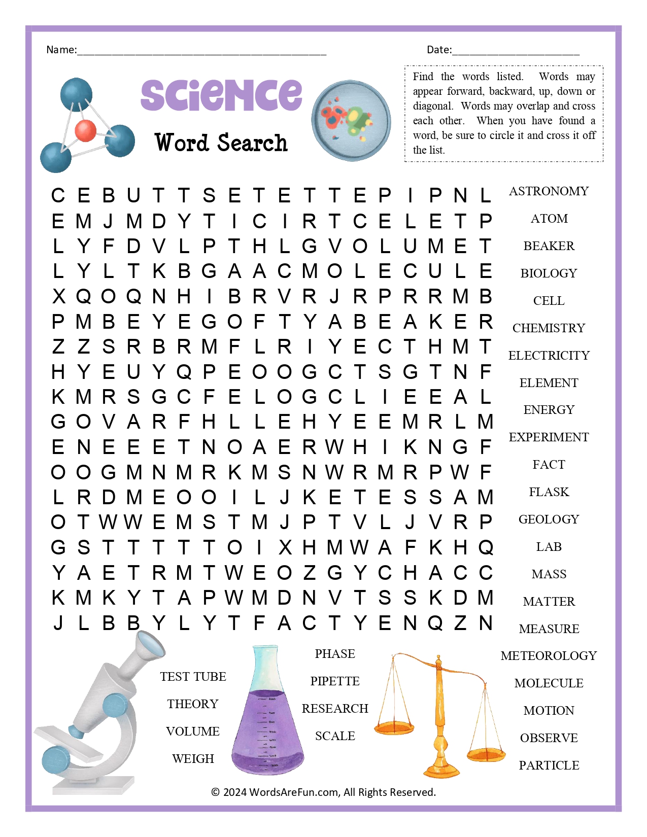 Science Word Search For Kids