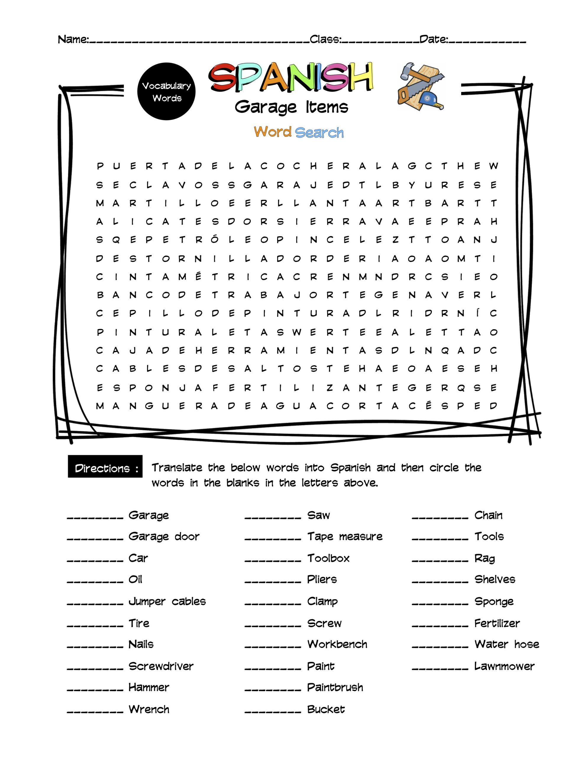 Spanish School Classes Vocabulary Word Search Answer Key