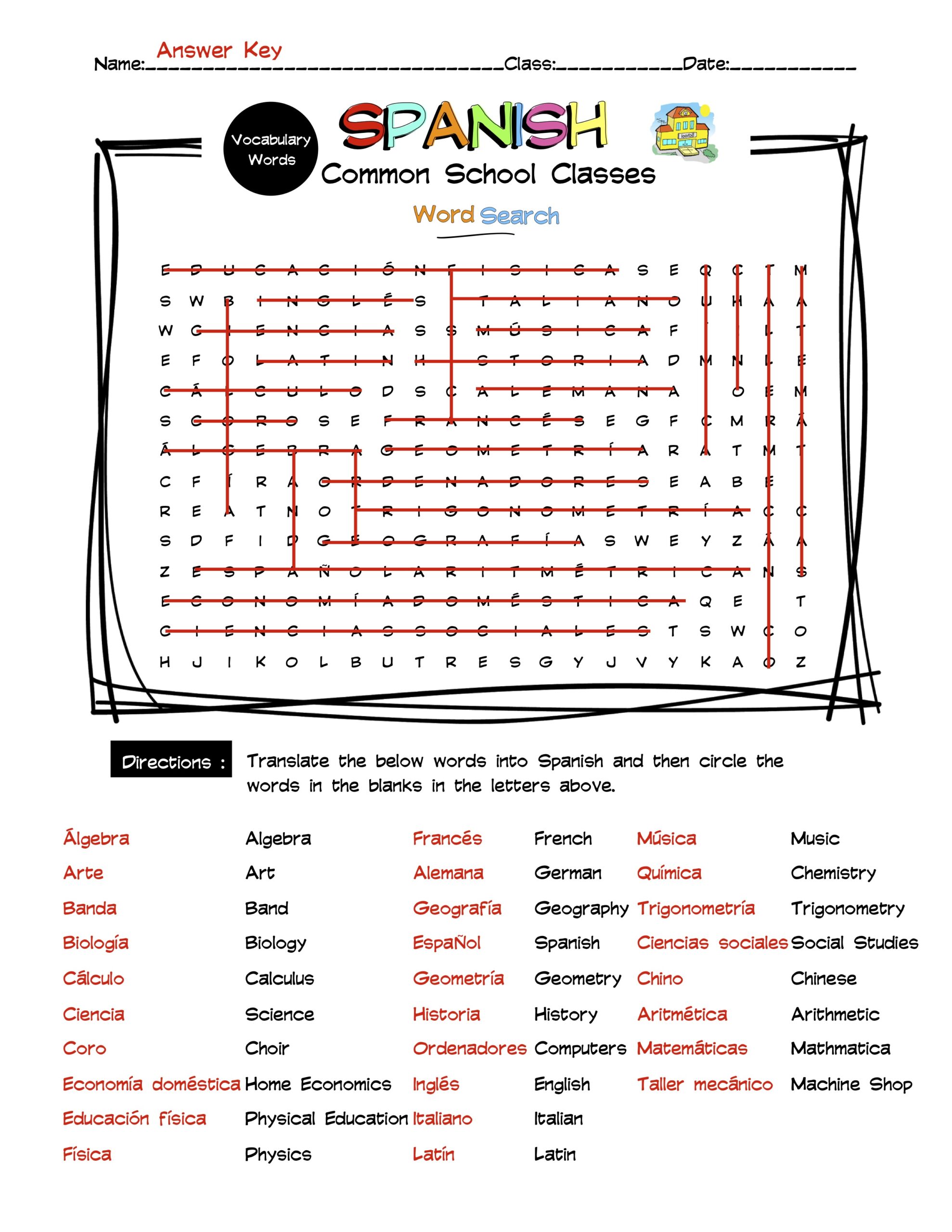 Spanish School Classes Vocabulary Word Search Answer Key