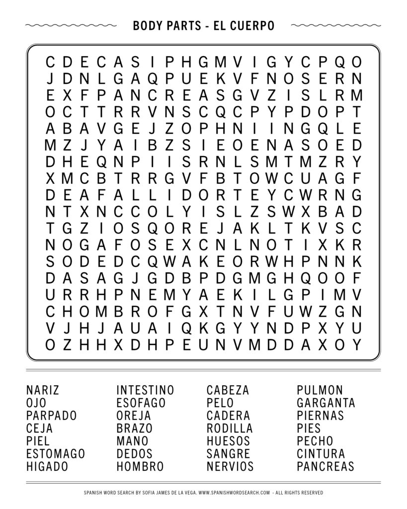 Spanish Word Search Body Parts