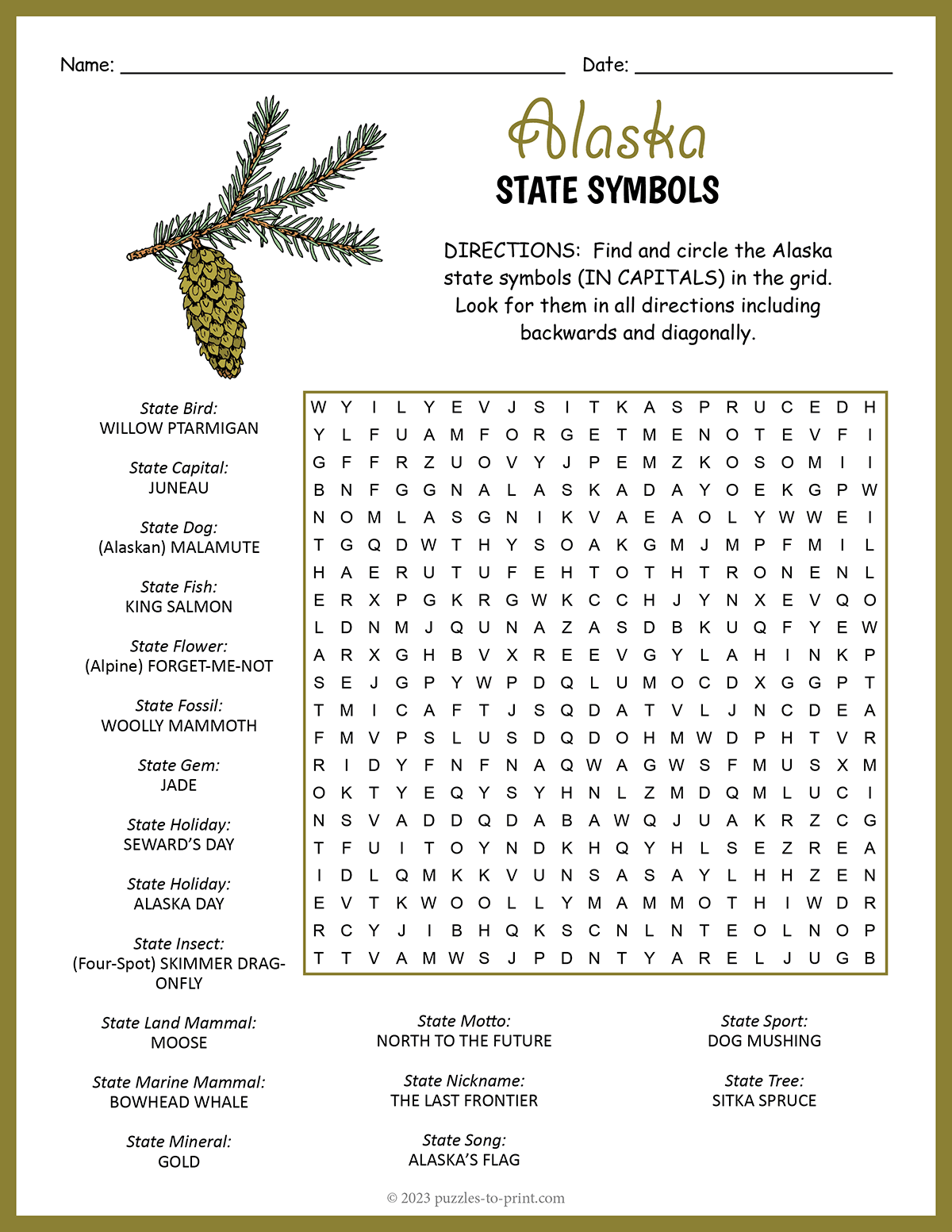 State Symbols Of Alaska Word Search shtml