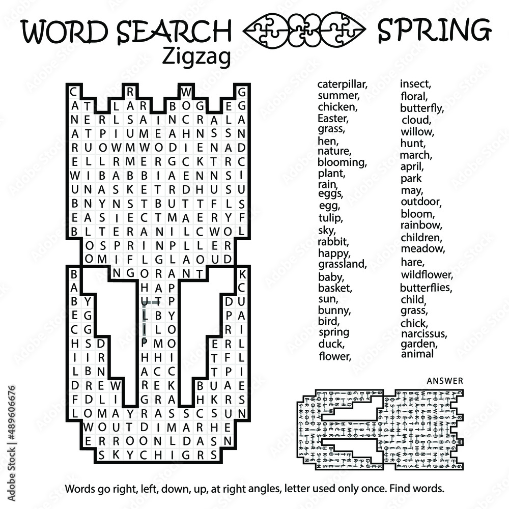 Zigzag Word Search Puzzle With Tulip Spring Words Go Right Left Down Up At Right Angles Letter Used Only Once Find Words Logic Game For Learning English Worksheet For Kids Or Adults